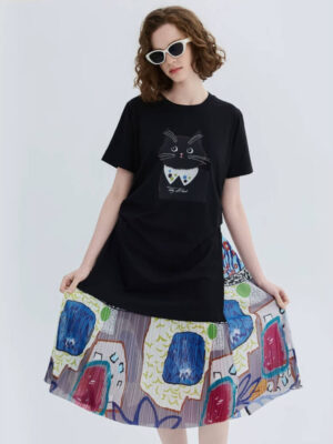Cat Print Artistic Pleated Two-Piece Dress